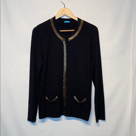 J. McLaughlin Black & Gold Beaded Cardigan Large